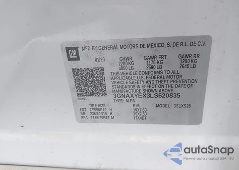 2020 Chevrolet Equinox Awd Premier 2.0L Turbo from USA, damaged, VIN 3GNAXYEX3LS620835